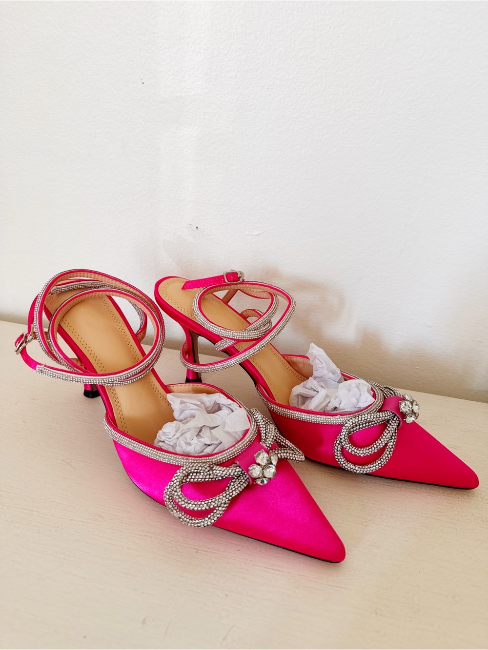 Hot Pink Satin Pointed-Toe Evening Heels with Crystal Bow size 42